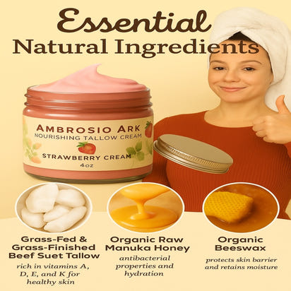 Ambrosio Ark Nourishing Tallow Strawberry Cream 4oz - 100% Natural Ingredients Skincare Product